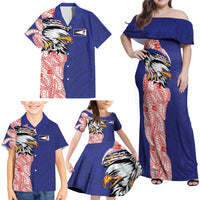 American Samoa Flag Day Family Matching Off Shoulder Maxi Dress and Hawaiian Shirt Tribal Tattoo with Eagle Blue-Red