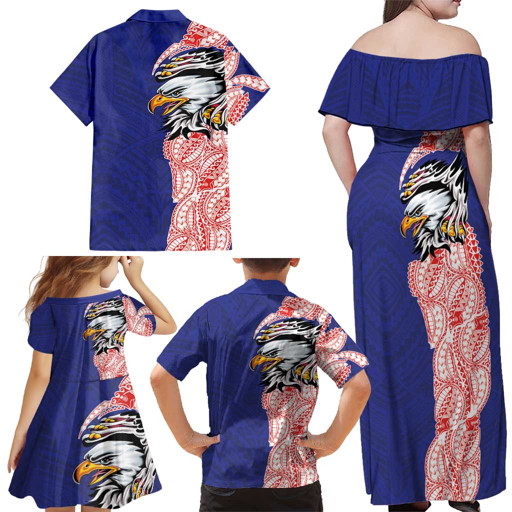 American Samoa Flag Day Family Matching Off Shoulder Maxi Dress and Hawaiian Shirt Tribal Tattoo with Eagle Blue-Red