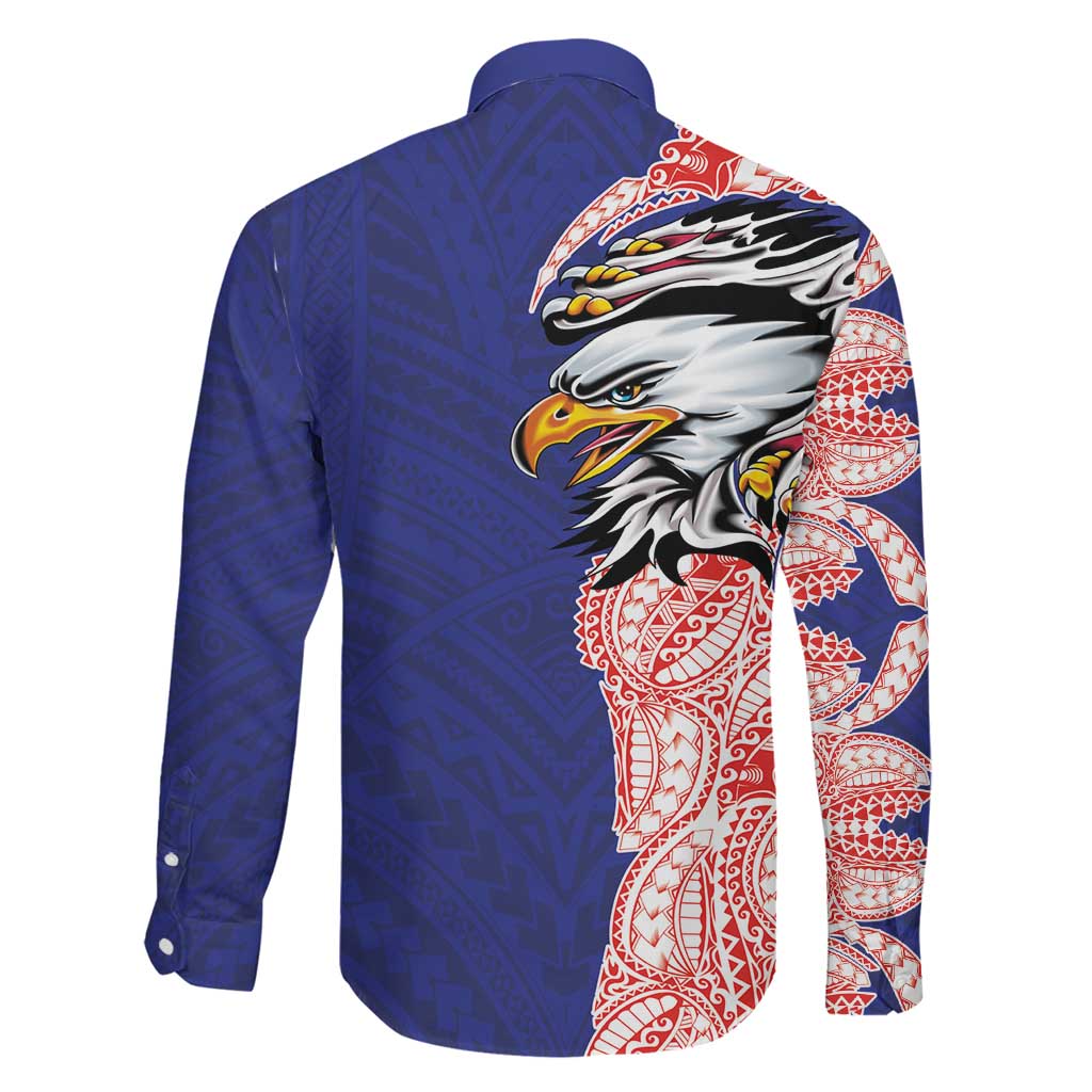 American Samoa Flag Day Family Matching Off Shoulder Maxi Dress and Hawaiian Shirt Tribal Tattoo with Eagle Blue-Red