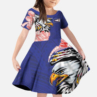 American Samoa Flag Day Family Matching Off Shoulder Short Dress and Hawaiian Shirt Tribal Tattoo with Eagle Blue-Red