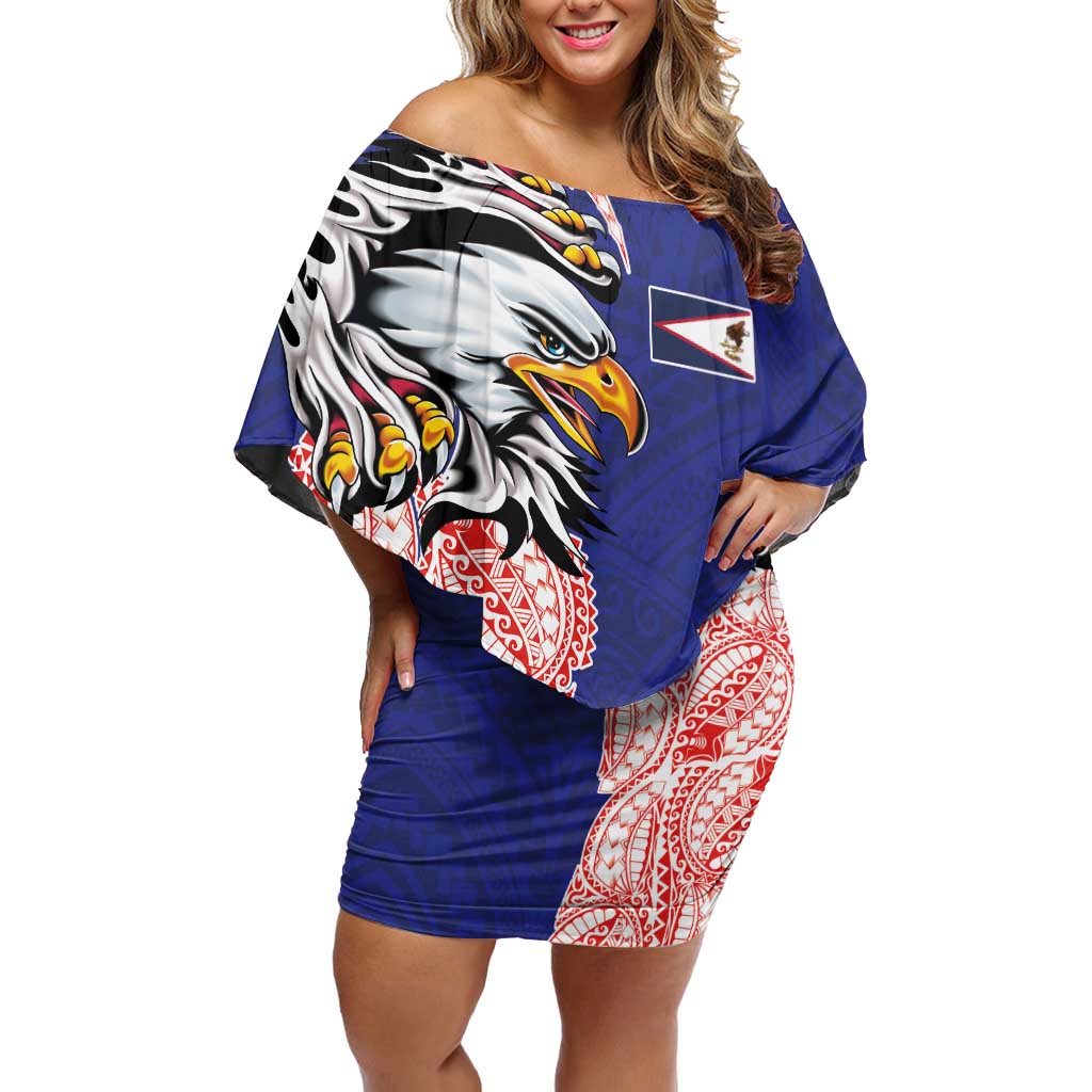 American Samoa Flag Day Family Matching Off Shoulder Short Dress and Hawaiian Shirt Tribal Tattoo with Eagle Blue-Red