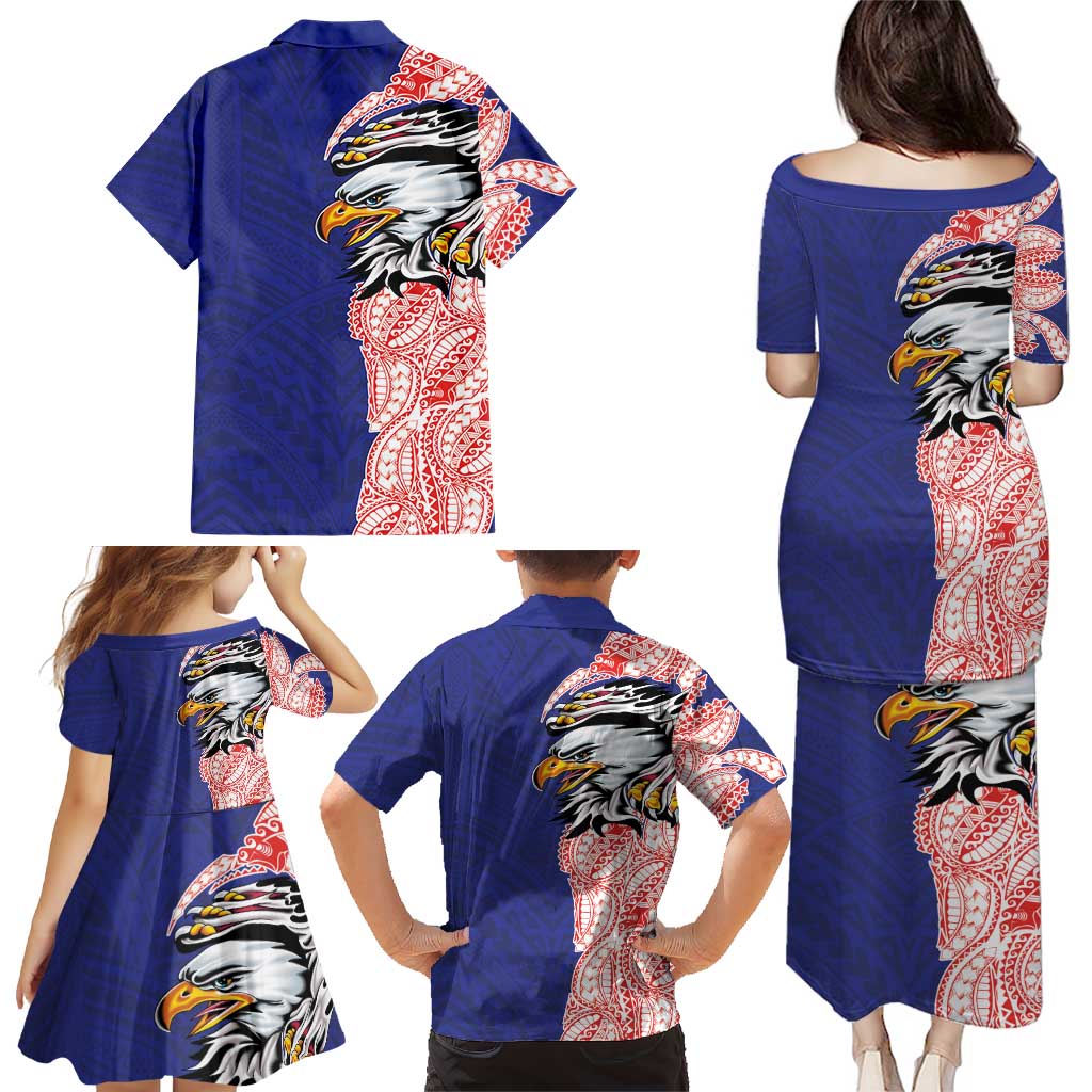 American Samoa Flag Day Family Matching Puletasi and Hawaiian Shirt Tribal Tattoo with Eagle Blue-Red