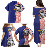 American Samoa Flag Day Family Matching Puletasi and Hawaiian Shirt Tribal Tattoo with Eagle Blue-Red