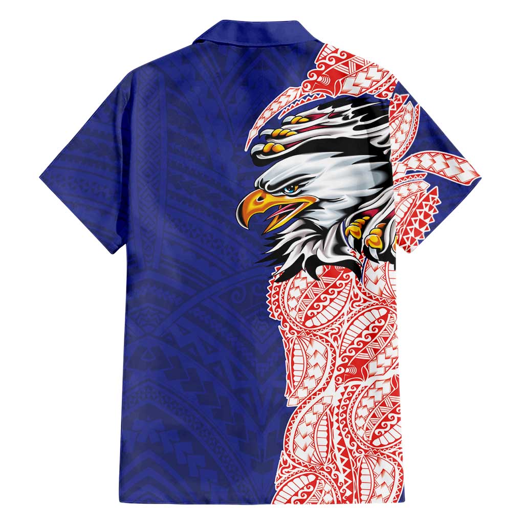 American Samoa Flag Day Family Matching Short Sleeve Bodycon Dress and Hawaiian Shirt Tribal Tattoo with Eagle Blue-Red LT03 - Polynesian Pride