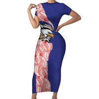 American Samoa Flag Day Family Matching Short Sleeve Bodycon Dress and Hawaiian Shirt Tribal Tattoo with Eagle Blue-Red LT03 Mom's Dress Blue - Polynesian Pride