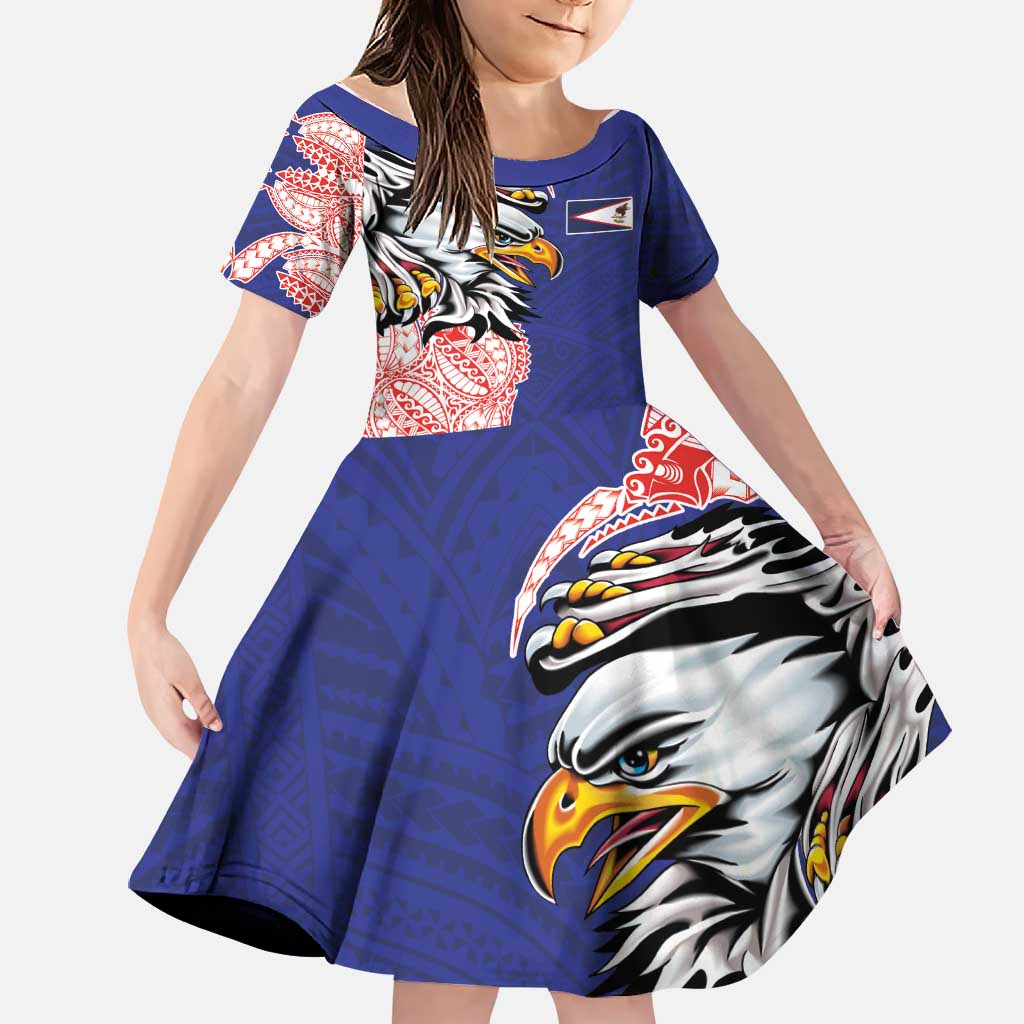 American Samoa Flag Day Family Matching Tank Maxi Dress and Hawaiian Shirt Tribal Tattoo with Eagle Blue-Red LT03 Daughter's Dress Blue - Polynesian Pride