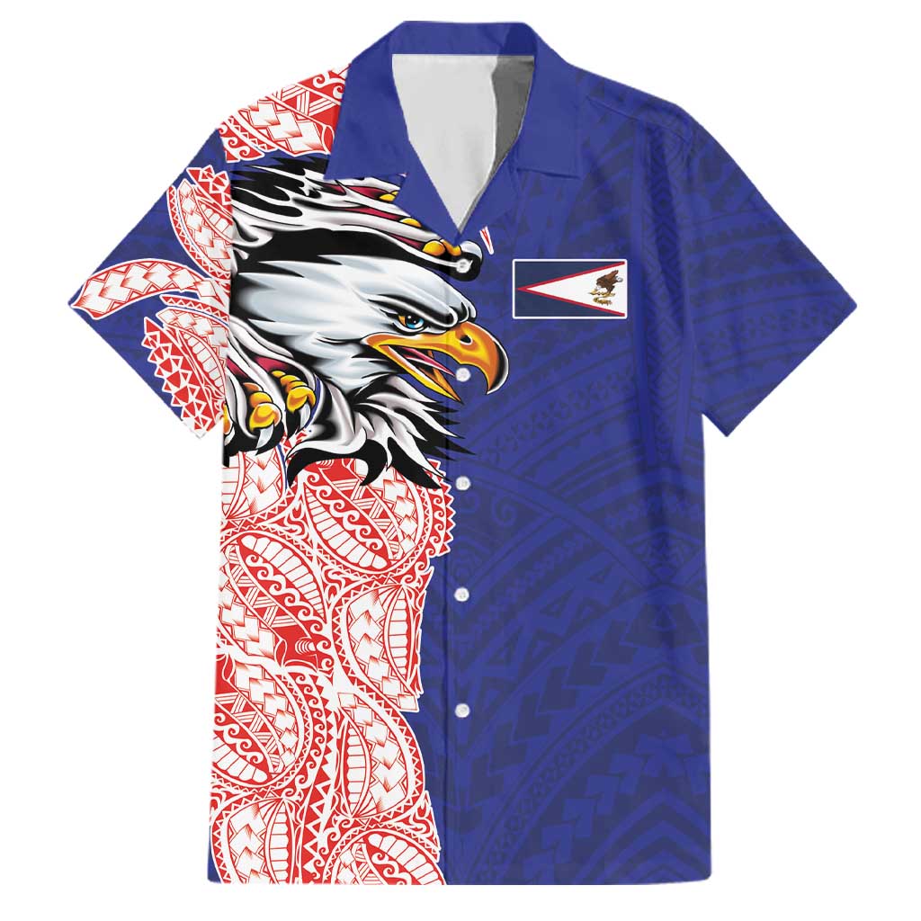 American Samoa Flag Day Family Matching Tank Maxi Dress and Hawaiian Shirt Tribal Tattoo with Eagle Blue-Red LT03 Dad's Shirt - Short Sleeve Blue - Polynesian Pride