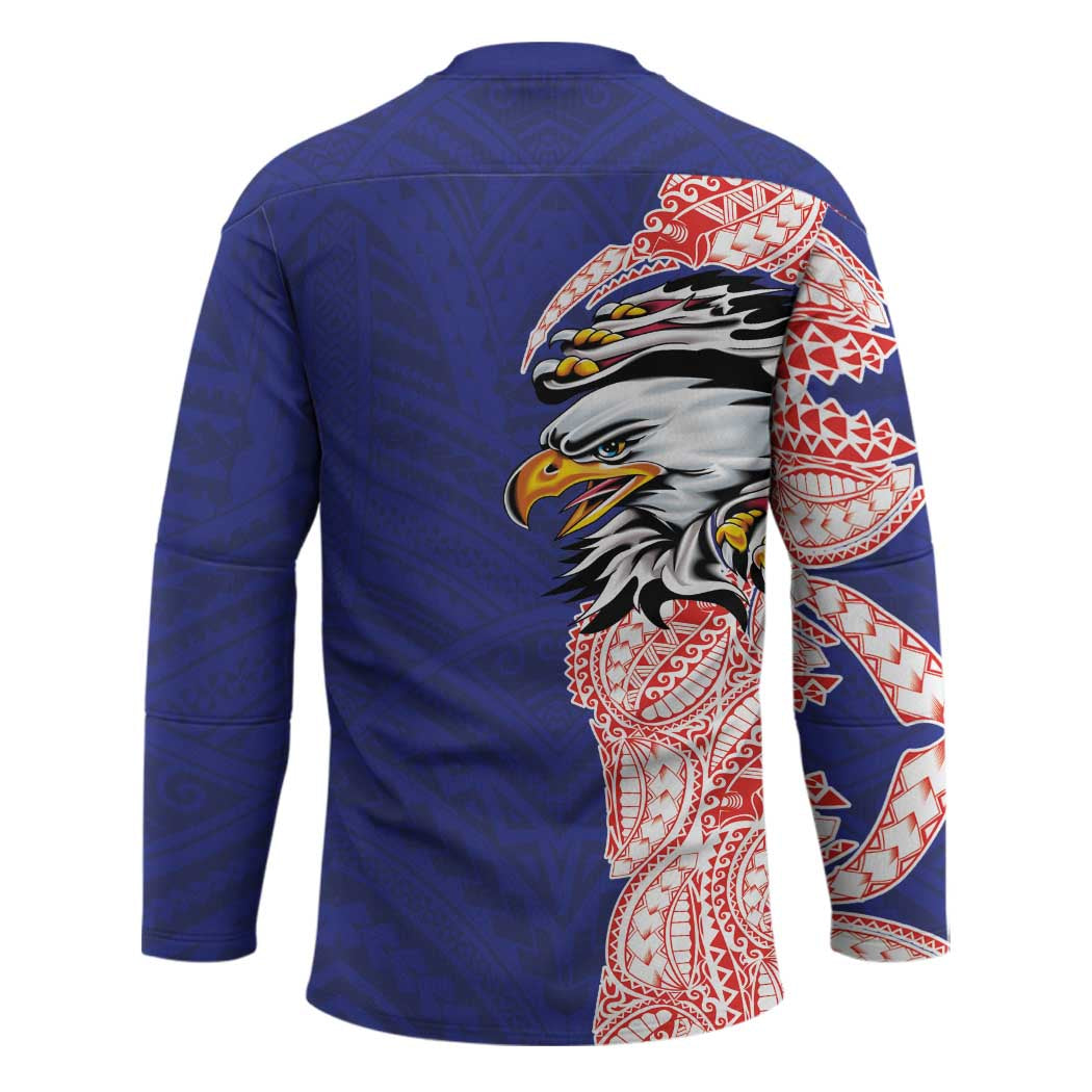 American Samoa Flag Day Hockey Jersey Tribal Tattoo with Eagle Blue-Red