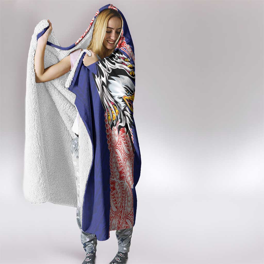 American Samoa Flag Day Hooded Blanket Tribal Tattoo with Eagle Blue-Red
