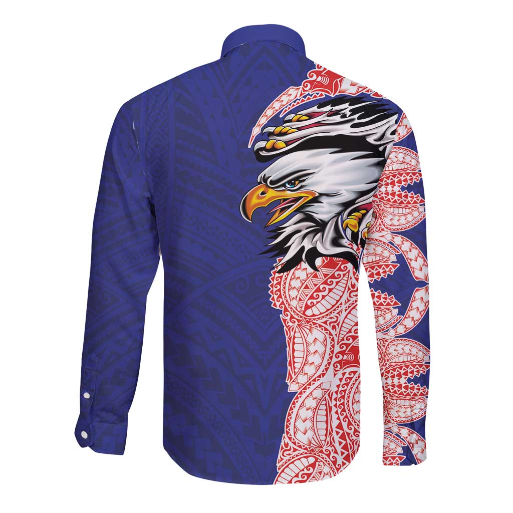 American Samoa Flag Day Long Sleeve Button Shirt Tribal Tattoo with Eagle Blue-Red