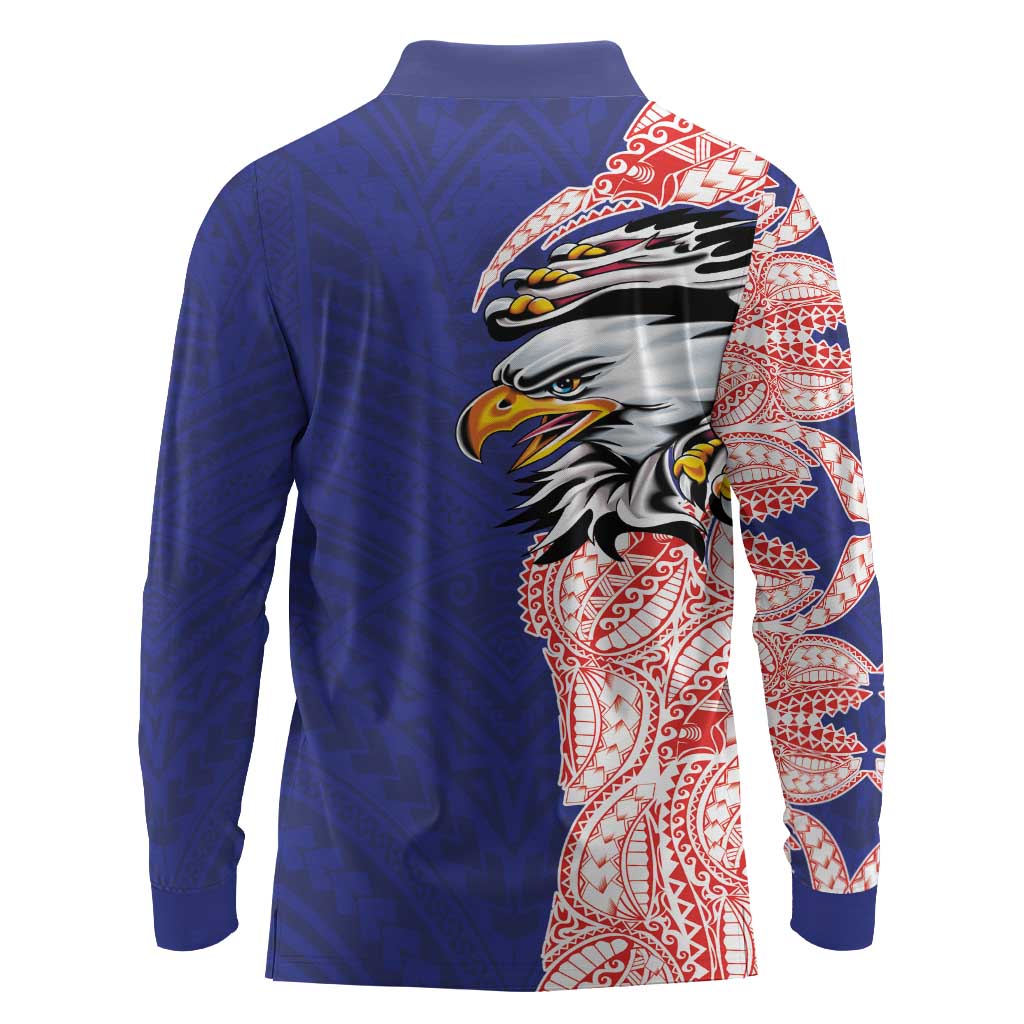 American Samoa Flag Day Long Sleeve Polo Shirt Tribal Tattoo with Eagle Blue-Red