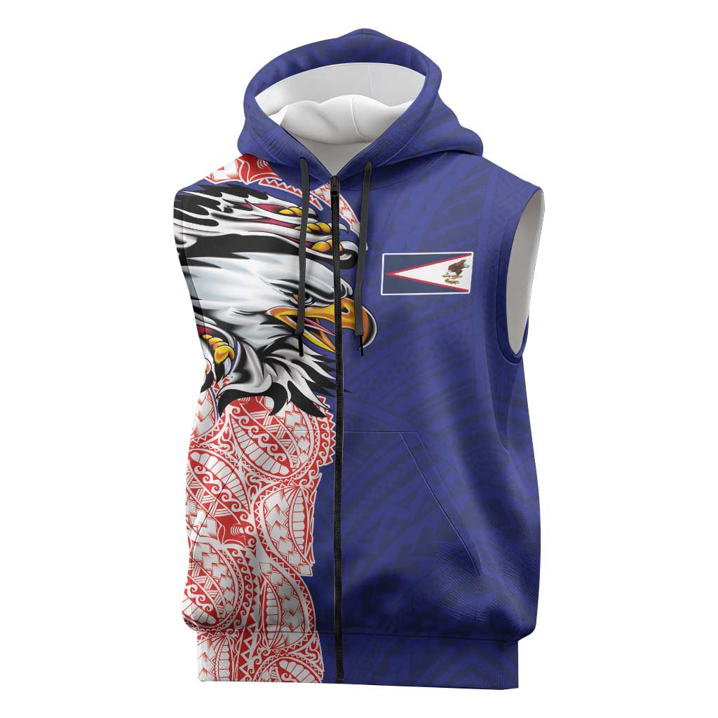 American Samoa Flag Day Sleeveless Zip Hoodie Tribal Tattoo with Eagle Blue-Red