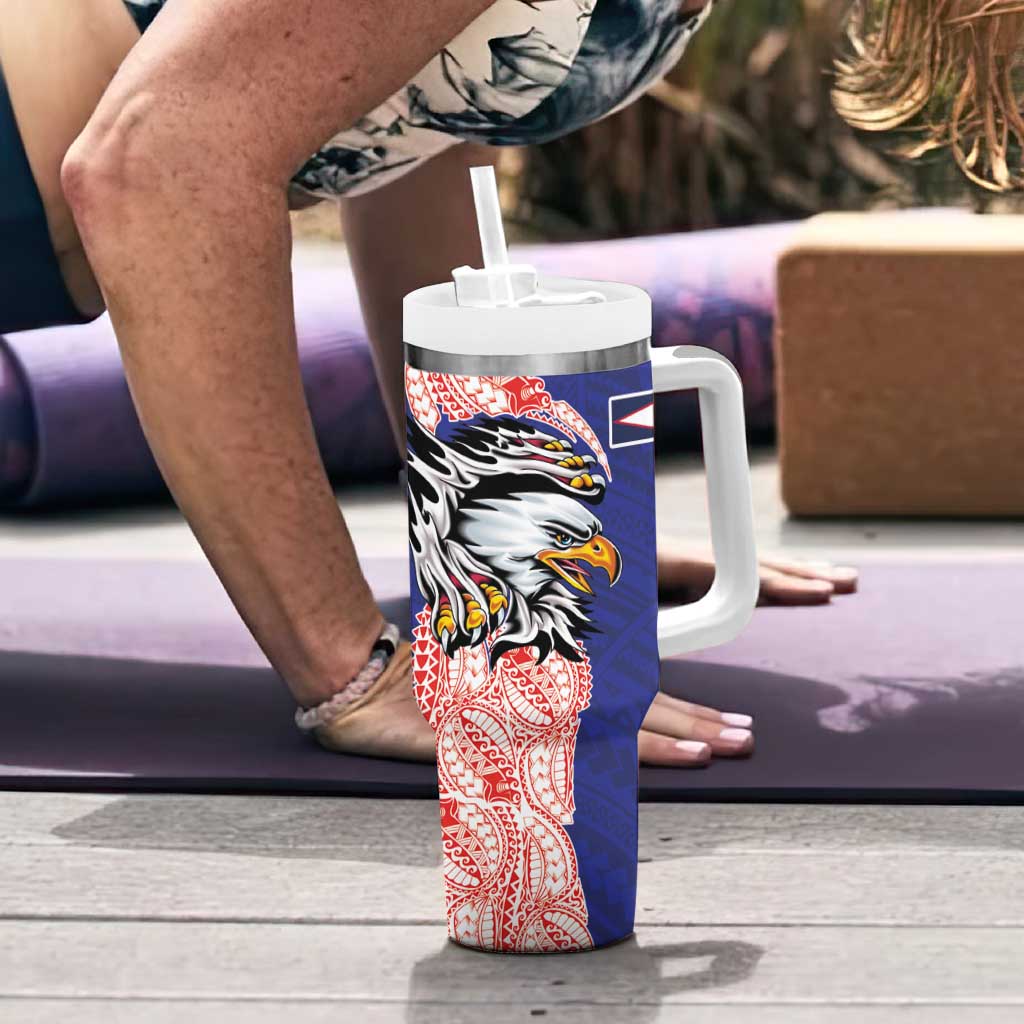 American Samoa Flag Day Tumbler With Handle Tribal Tattoo with Eagle Blue-Red