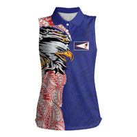 American Samoa Flag Day Women Sleeveless Polo Shirt Tribal Tattoo with Eagle Blue-Red