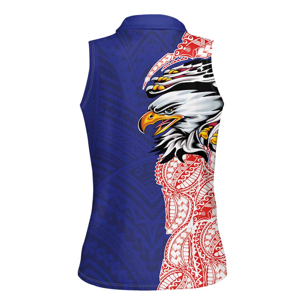 American Samoa Flag Day Women Sleeveless Polo Shirt Tribal Tattoo with Eagle Blue-Red