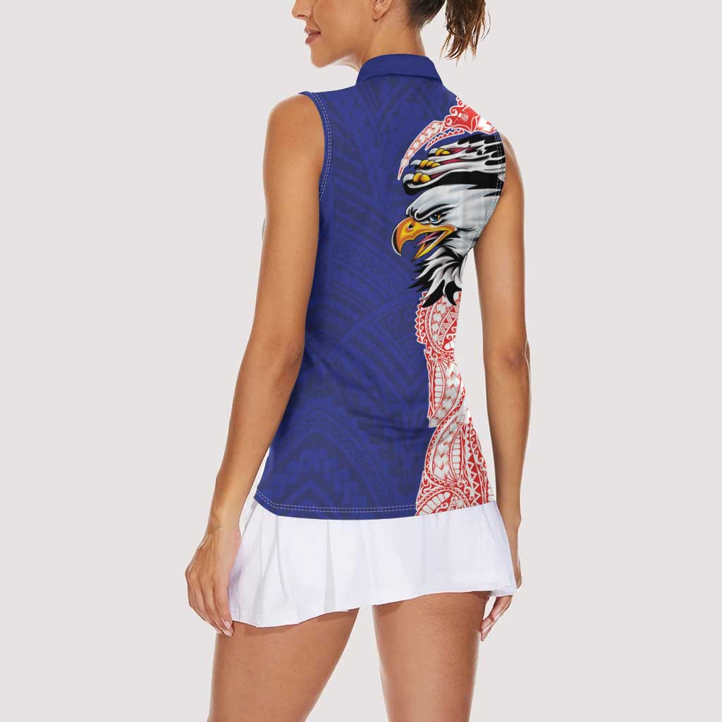 American Samoa Flag Day Women Sleeveless Polo Shirt Tribal Tattoo with Eagle Blue-Red