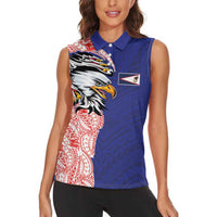 American Samoa Flag Day Women Sleeveless Polo Shirt Tribal Tattoo with Eagle Blue-Red