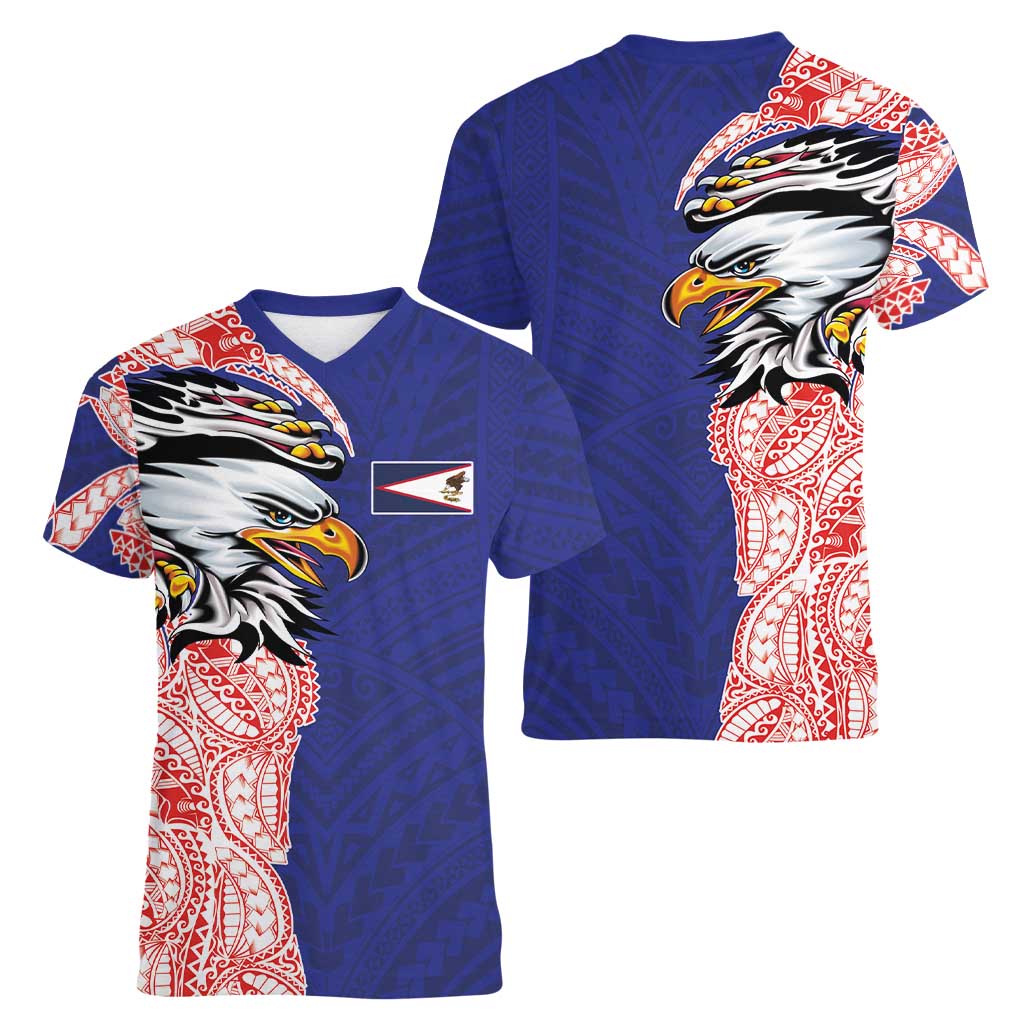 American Samoa Flag Day Women V-Neck T-Shirt Tribal Tattoo with Eagle Blue-Red