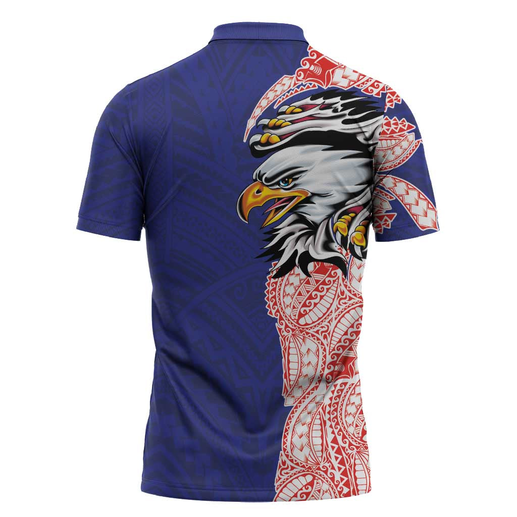 American Samoa Flag Day Zipper Polo Shirt Tribal Tattoo with Eagle Blue-Red