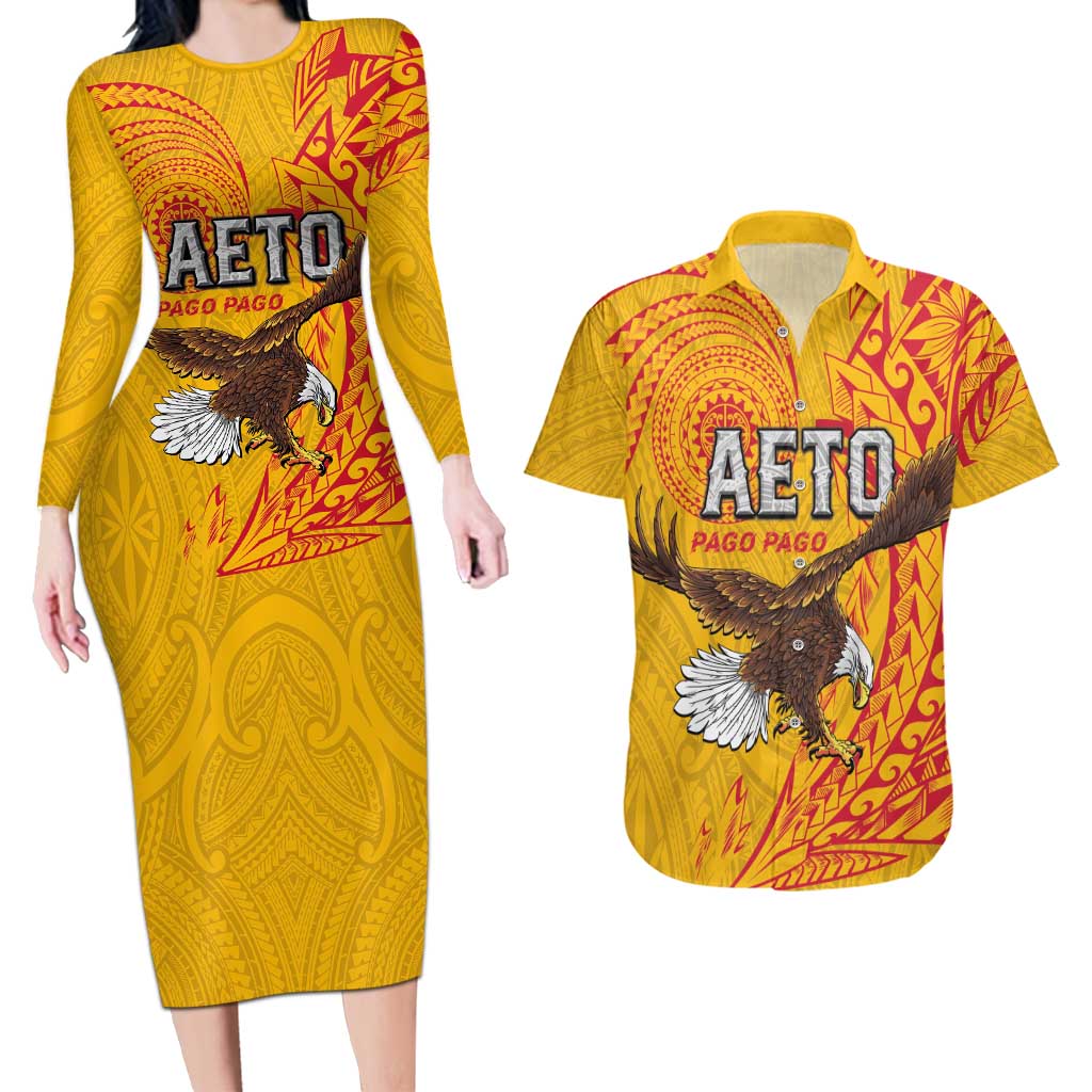 Personalised American Samoa Flag Day Couples Matching Long Sleeve Bodycon Dress and Hawaiian Shirt Fautasi Race Pago Pago-Aeto Eagle Wings Tribal Style