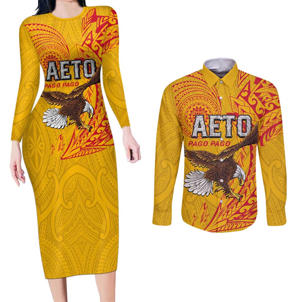 Personalised American Samoa Flag Day Couples Matching Long Sleeve Bodycon Dress and Long Sleeve Button Shirt Fautasi Race Pago Pago-Aeto Eagle Wings Tribal Style