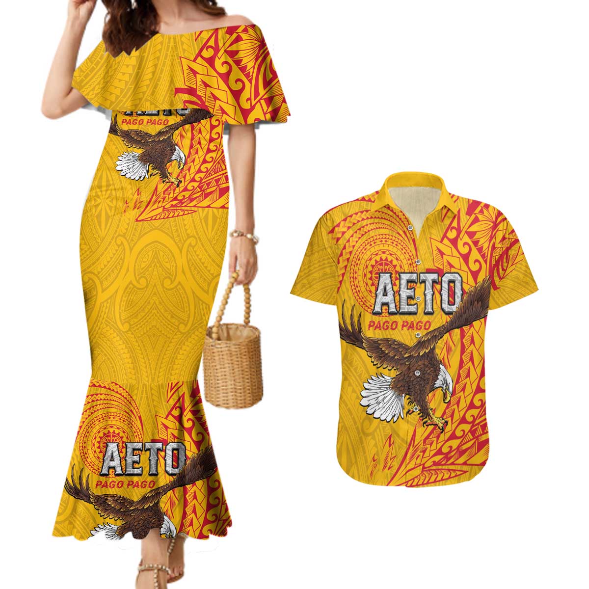 Personalised American Samoa Flag Day Couples Matching Mermaid Dress and Hawaiian Shirt Fautasi Race Pago Pago-Aeto Eagle Wings Tribal Style LT03 Multicolor - Polynesian Pride
