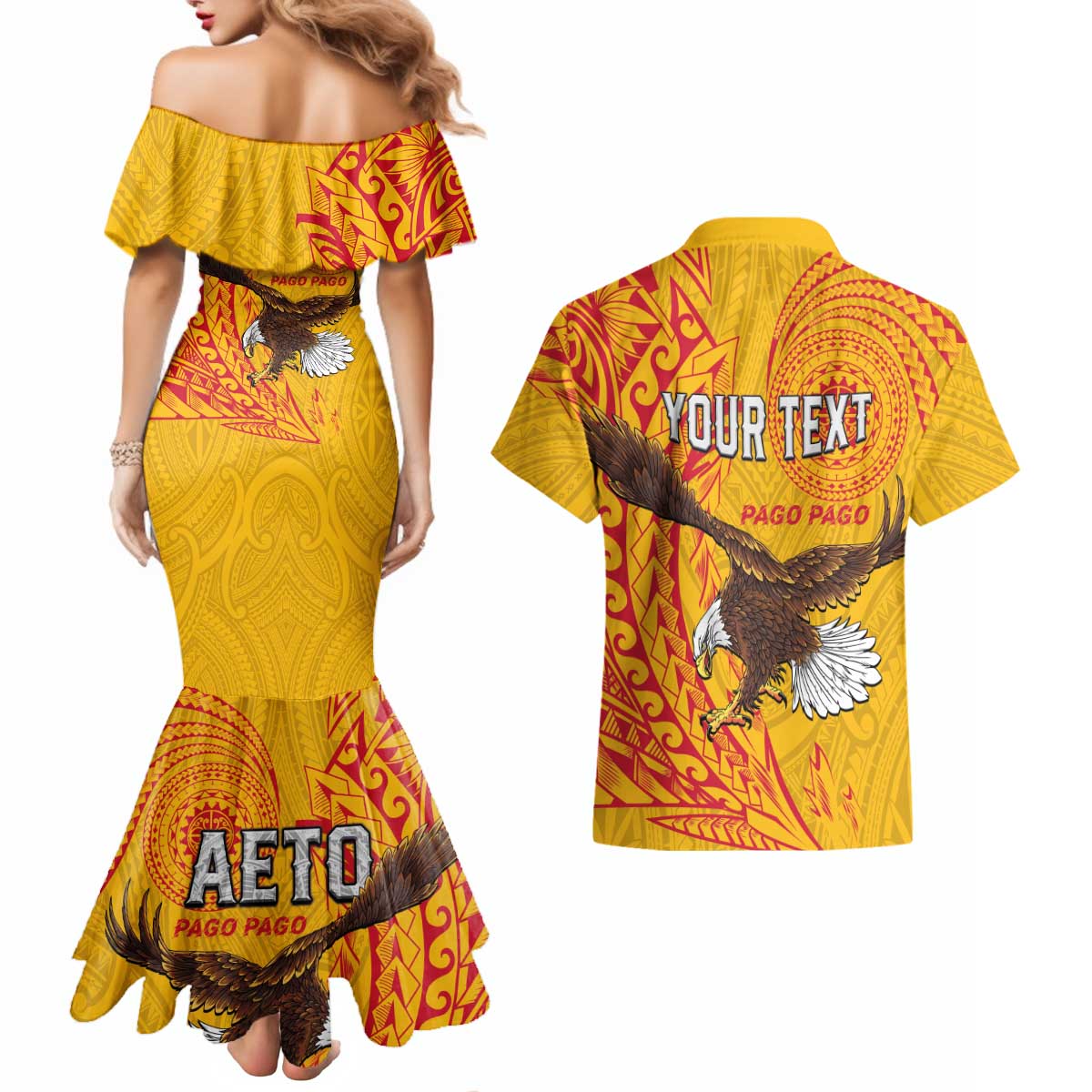 Personalised American Samoa Flag Day Couples Matching Mermaid Dress and Hawaiian Shirt Fautasi Race Pago Pago-Aeto Eagle Wings Tribal Style LT03 - Polynesian Pride