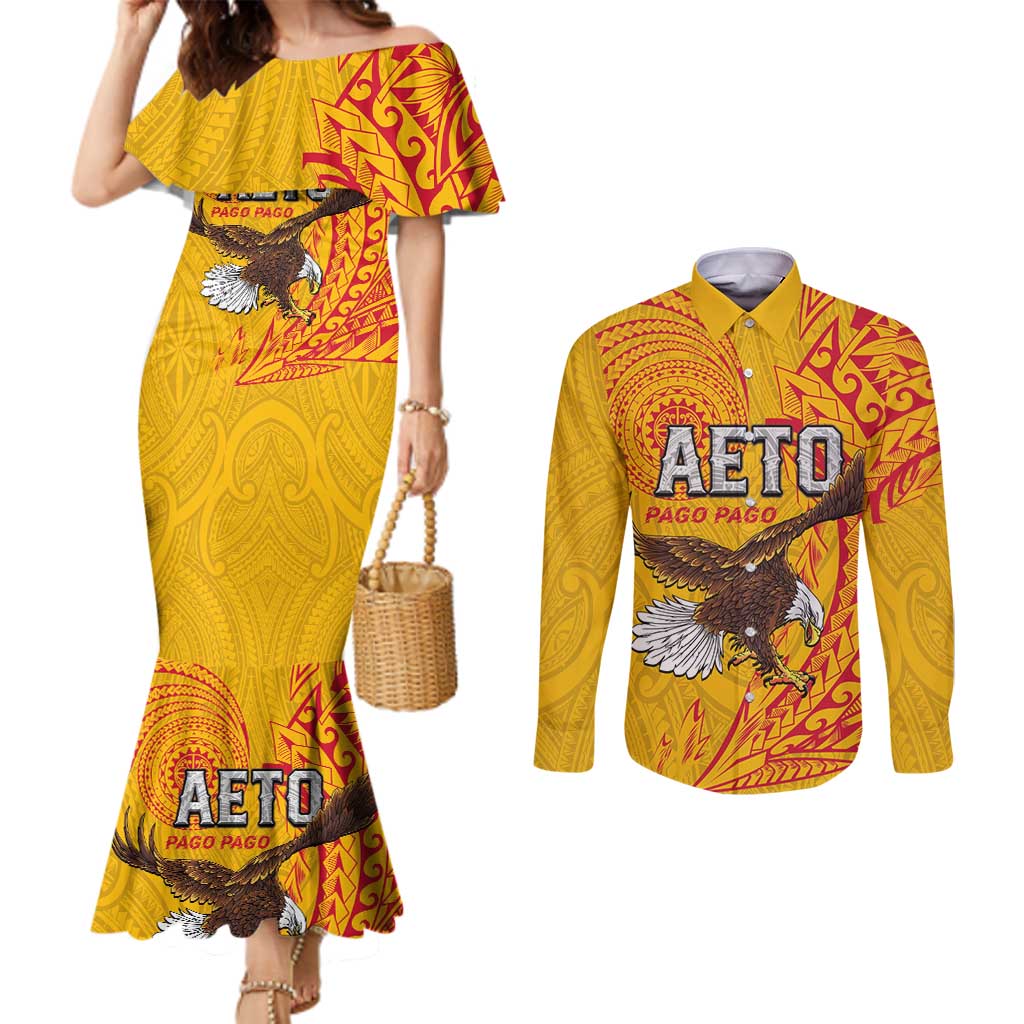 Personalised American Samoa Flag Day Couples Matching Mermaid Dress and Long Sleeve Button Shirt Fautasi Race Pago Pago-Aeto Eagle Wings Tribal Style LT03 Multicolor - Polynesian Pride