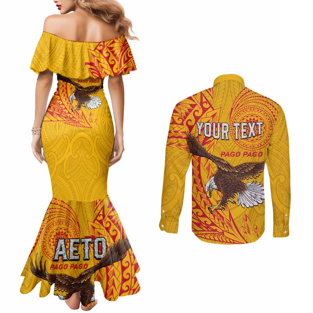 Personalised American Samoa Flag Day Couples Matching Mermaid Dress and Long Sleeve Button Shirt Fautasi Race Pago Pago-Aeto Eagle Wings Tribal Style LT03 - Polynesian Pride