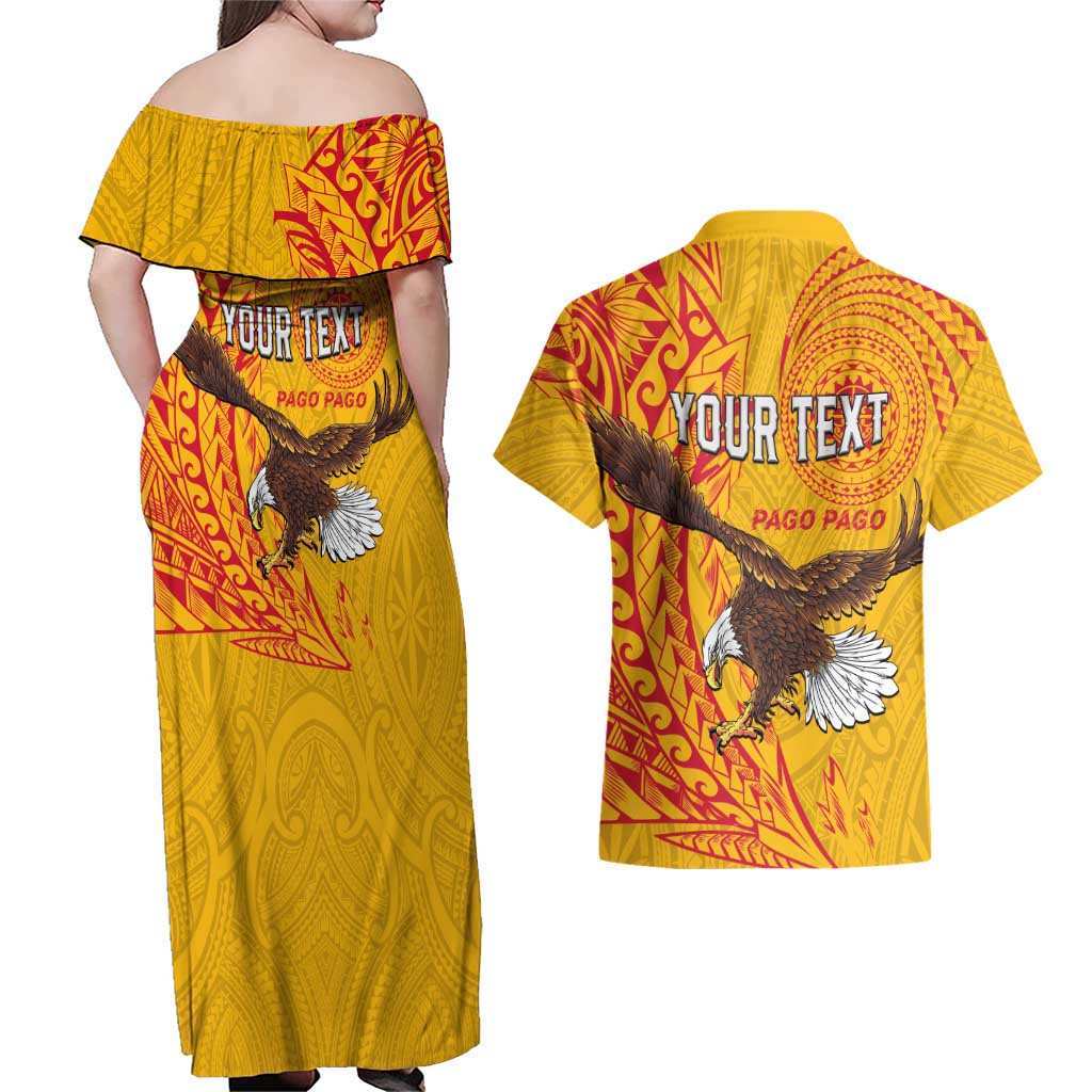 Personalised American Samoa Flag Day Couples Matching Off Shoulder Maxi Dress and Hawaiian Shirt Fautasi Race Pago Pago-Aeto Eagle Wings Tribal Style LT03 - Polynesian Pride