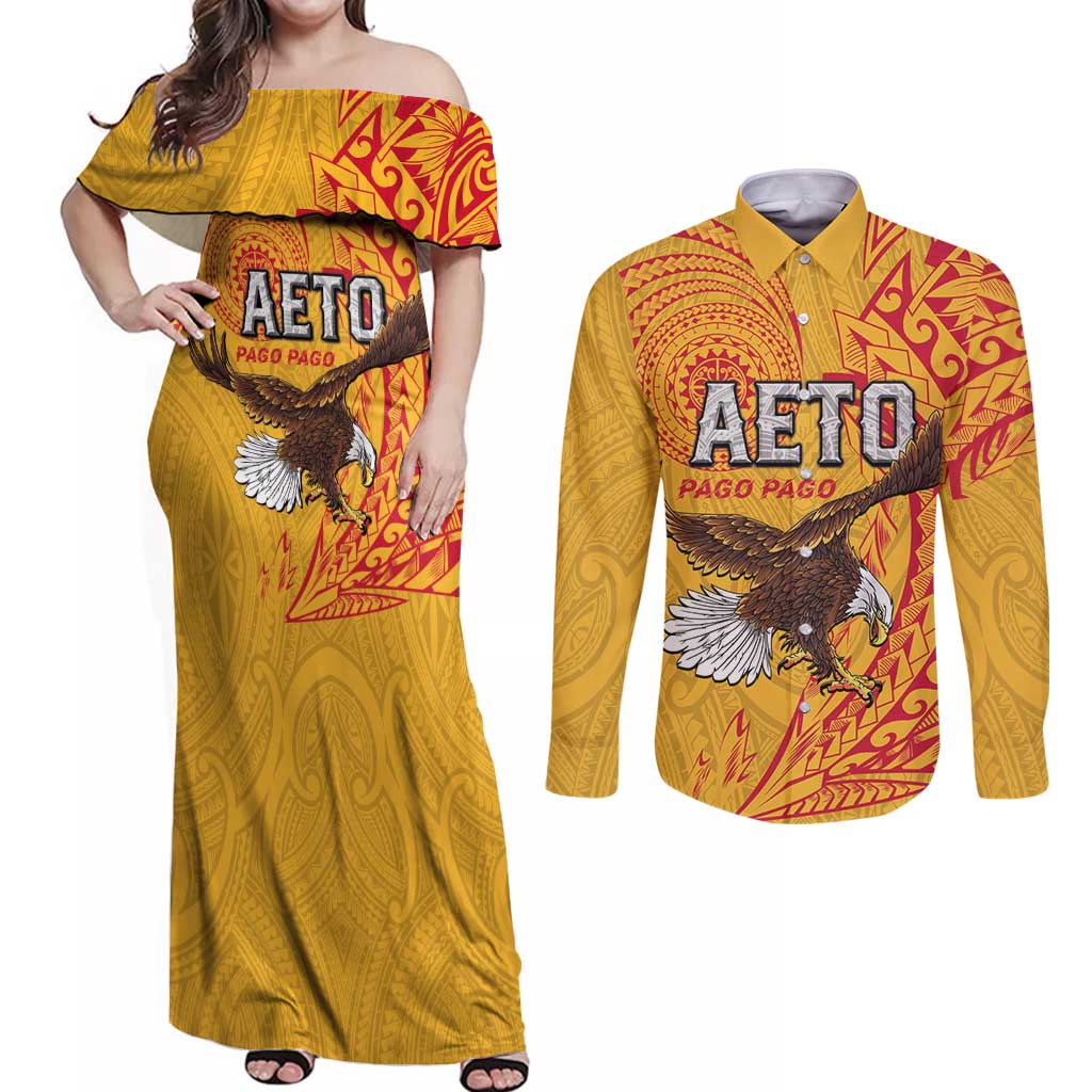 Personalised American Samoa Flag Day Couples Matching Off Shoulder Maxi Dress and Long Sleeve Button Shirt Fautasi Race Pago Pago-Aeto Eagle Wings Tribal Style