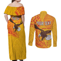 Personalised American Samoa Flag Day Couples Matching Off Shoulder Maxi Dress and Long Sleeve Button Shirt Fautasi Race Pago Pago-Aeto Eagle Wings Tribal Style LT03 - Polynesian Pride