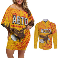 Personalised American Samoa Flag Day Couples Matching Off Shoulder Short Dress and Long Sleeve Button Shirt Fautasi Race Pago Pago-Aeto Eagle Wings Tribal Style LT03 Multicolor - Polynesian Pride