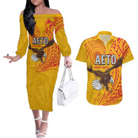 Personalised American Samoa Flag Day Couples Matching Off The Shoulder Long Sleeve Dress and Hawaiian Shirt Fautasi Race Pago Pago-Aeto Eagle Wings Tribal Style LT03 Multicolor - Polynesian Pride
