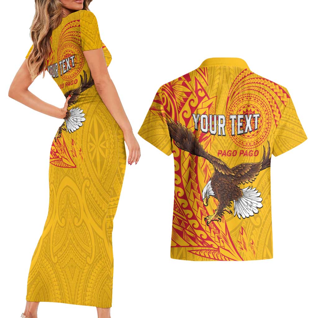 Personalised American Samoa Flag Day Couples Matching Short Sleeve Bodycon Dress and Hawaiian Shirt Fautasi Race Pago Pago-Aeto Eagle Wings Tribal Style LT03 - Polynesian Pride