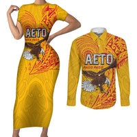 Personalised American Samoa Flag Day Couples Matching Short Sleeve Bodycon Dress and Long Sleeve Button Shirt Fautasi Race Pago Pago-Aeto Eagle Wings Tribal Style LT03 Multicolor - Polynesian Pride