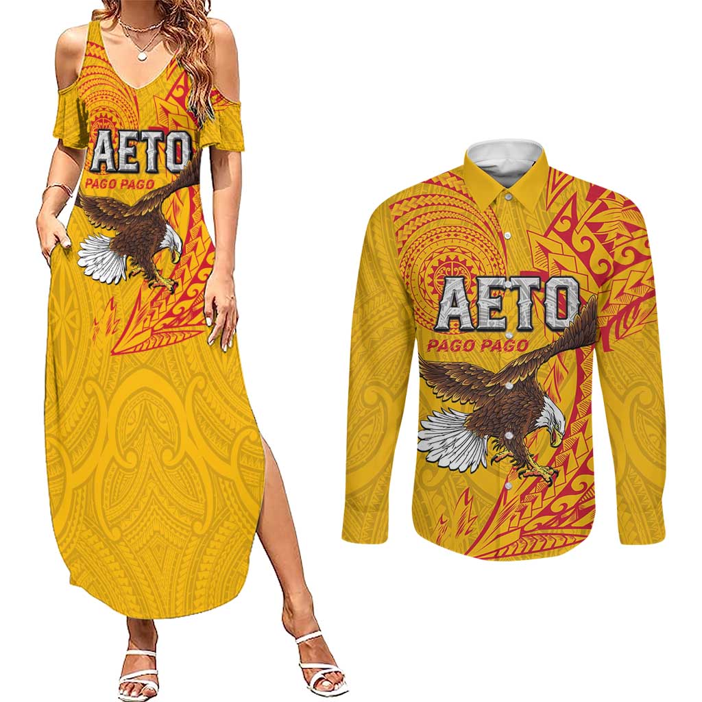 Personalised American Samoa Flag Day Couples Matching Summer Maxi Dress and Long Sleeve Button Shirt Fautasi Race Pago Pago-Aeto Eagle Wings Tribal Style LT03 Multicolor - Polynesian Pride