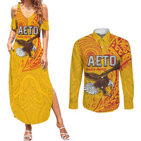 Personalised American Samoa Flag Day Couples Matching Summer Maxi Dress and Long Sleeve Button Shirt Fautasi Race Pago Pago-Aeto Eagle Wings Tribal Style LT03 Multicolor - Polynesian Pride