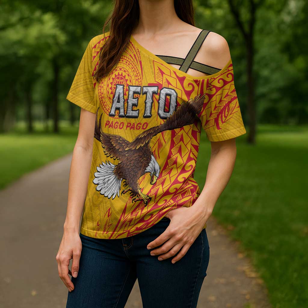 Personalised American Samoa Flag Day Cross Shoulder Shirt Fautasi Race Pago Pago-Aeto Eagle Wings Tribal Style
