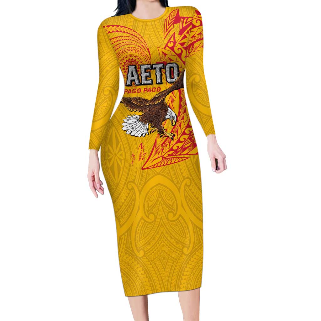 Personalised American Samoa Flag Day Family Matching Long Sleeve Bodycon Dress and Hawaiian Shirt Fautasi Race Pago Pago-Aeto Eagle Wings Tribal Style LT03 Mom's Dress Multicolor - Polynesian Pride