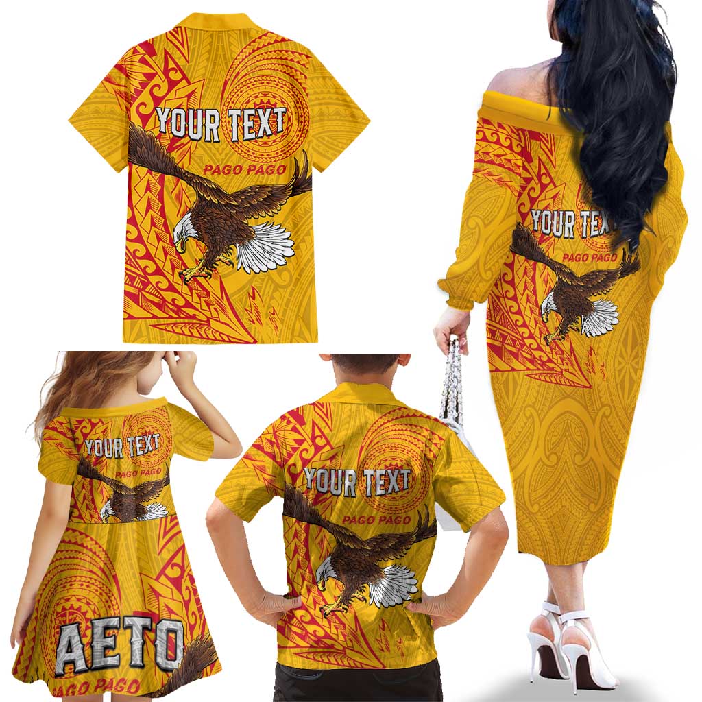 Personalised American Samoa Flag Day Family Matching Off The Shoulder Long Sleeve Dress and Hawaiian Shirt Fautasi Race Pago Pago-Aeto Eagle Wings Tribal Style LT03 - Polynesian Pride