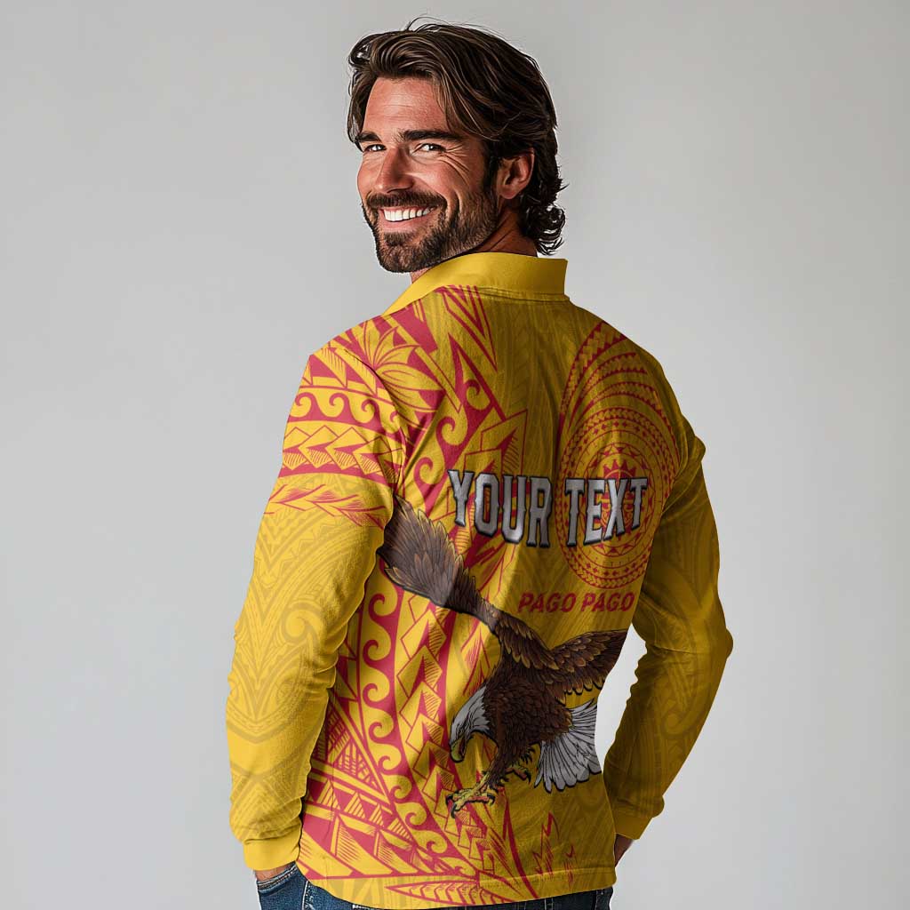 Personalised American Samoa Flag Day Long Sleeve Polo Shirt Fautasi Race Pago Pago-Aeto Eagle Wings Tribal Style