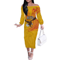 Personalised American Samoa Flag Day Off The Shoulder Long Sleeve Dress Fautasi Race Pago Pago-Aeto Eagle Wings Tribal Style LT03 Women Multicolor - Polynesian Pride