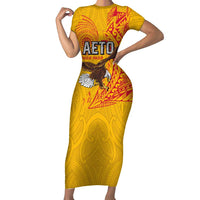 Personalised American Samoa Flag Day Short Sleeve Bodycon Dress Fautasi Race Pago Pago-Aeto Eagle Wings Tribal Style