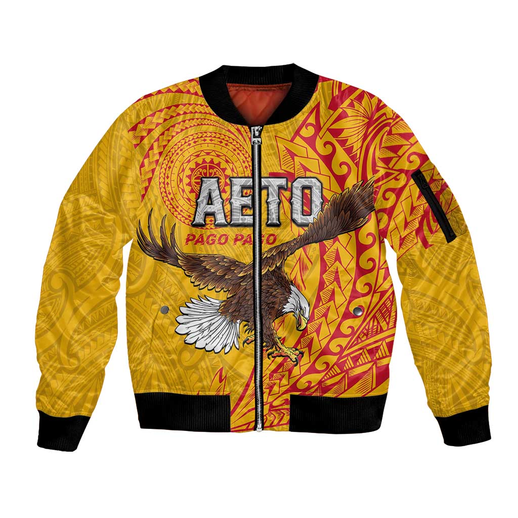 Personalised American Samoa Flag Day Sleeve Zip Bomber Jacket Fautasi Race Pago Pago-Aeto Eagle Wings Tribal Style