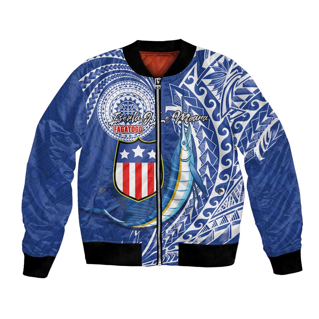 Personalised American Samoa Flag Day Bomber Jacket Fautasi Race Fagatogo-Iseula O Le Moana Sailfish Tribal Style