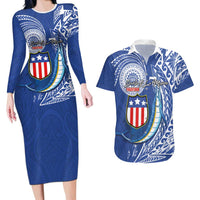 Personalised American Samoa Flag Day Couples Matching Long Sleeve Bodycon Dress and Hawaiian Shirt Fautasi Race Fagatogo-Iseula O Le Moana Sailfish Tribal Style LT03 Multicolor - Polynesian Pride