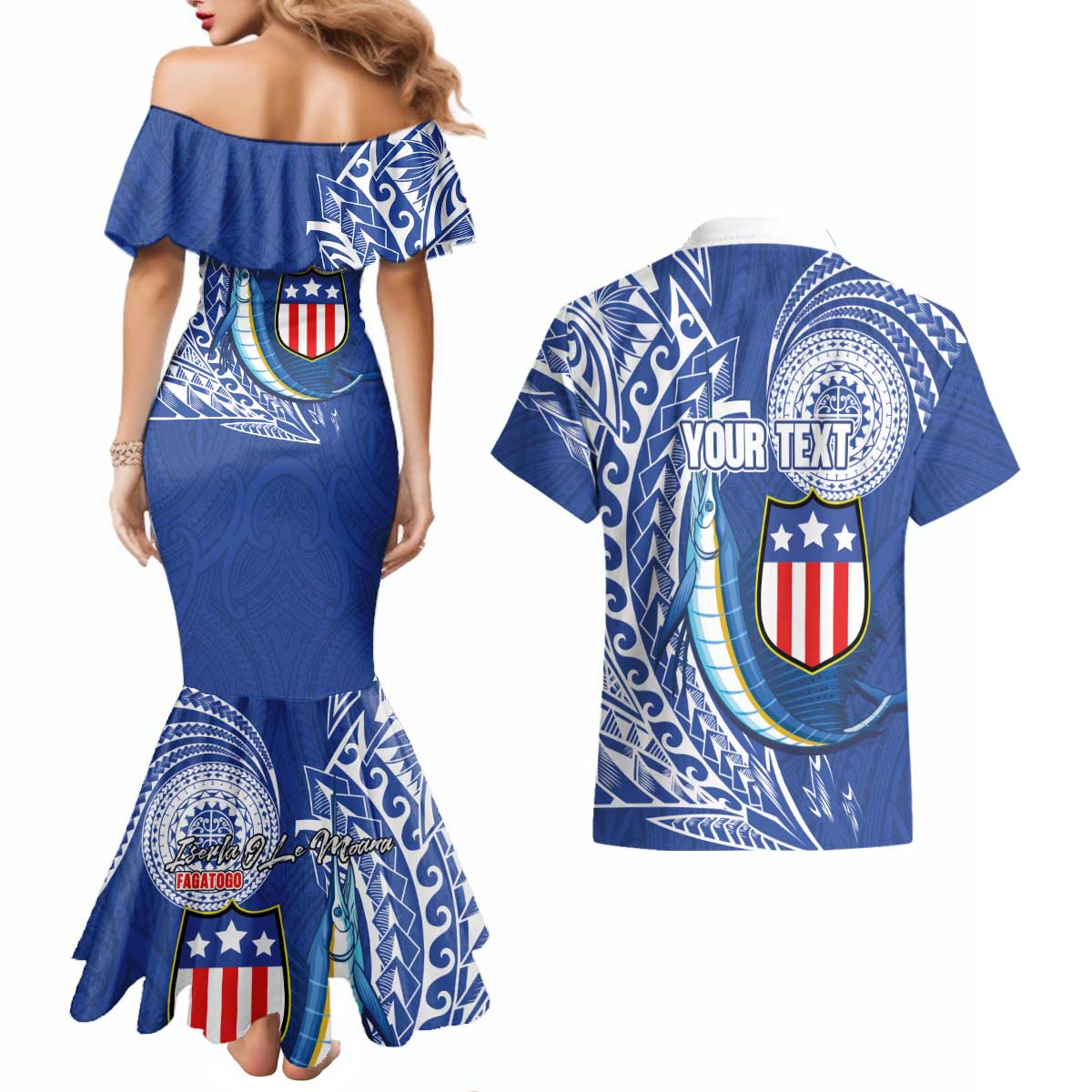 Personalised American Samoa Flag Day Couples Matching Mermaid Dress and Hawaiian Shirt Fautasi Race Fagatogo-Iseula O Le Moana Sailfish Tribal Style LT03 - Polynesian Pride