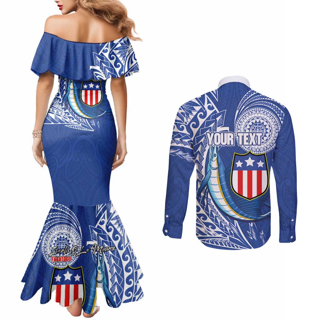 Personalised American Samoa Flag Day Couples Matching Mermaid Dress and Long Sleeve Button Shirt Fautasi Race Fagatogo-Iseula O Le Moana Sailfish Tribal Style LT03 - Polynesian Pride