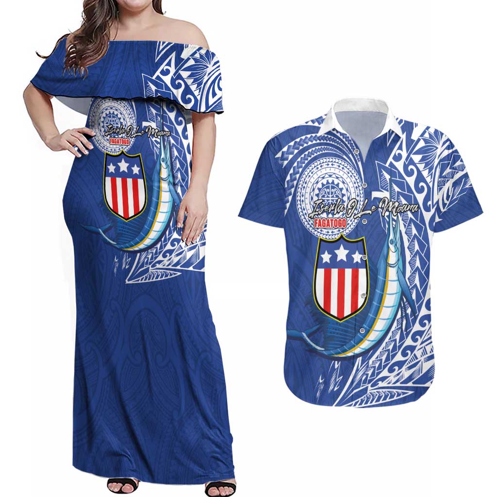 Personalised American Samoa Flag Day Couples Matching Off Shoulder Maxi Dress and Hawaiian Shirt Fautasi Race Fagatogo-Iseula O Le Moana Sailfish Tribal Style